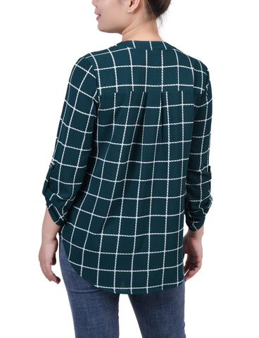 Petite 3/4 Sleeve Mandarin Collar Blouse With Front Pleats