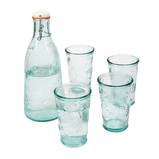 Recycled Clear Glass, 1-Quart Coastal Water Bottle and Set of 4, 10-Ounce Glasses