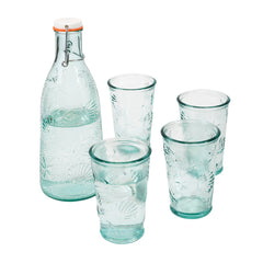 Recycled Clear Glass, 1-Quart Coastal Water Bottle and Set of 4, 10-Ounce Glasses