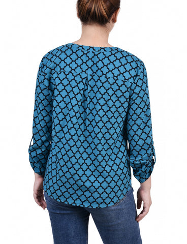 Petite 3/4 Sleeve Roll Tab Y Neck Blouse