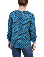 Petite 3/4 Sleeve Roll Tab Y Neck Blouse