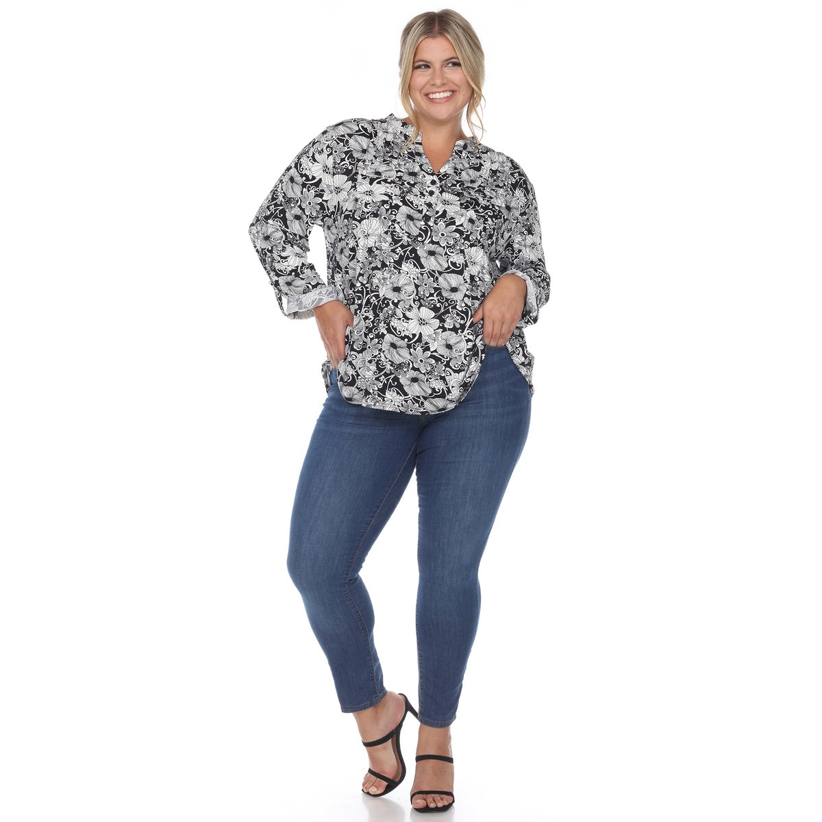  White Mark Plus Size Pleated Long Sleeve Floral Print Blouse - 1X - Bonton