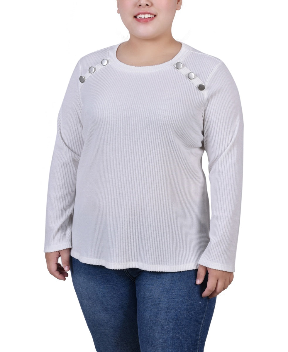  NY Collection Plus Size Long Sleeve Ribbed Button Detail Top - Ivory - Bonton