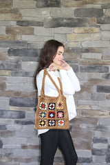 Crochet Khaki Floral Tote