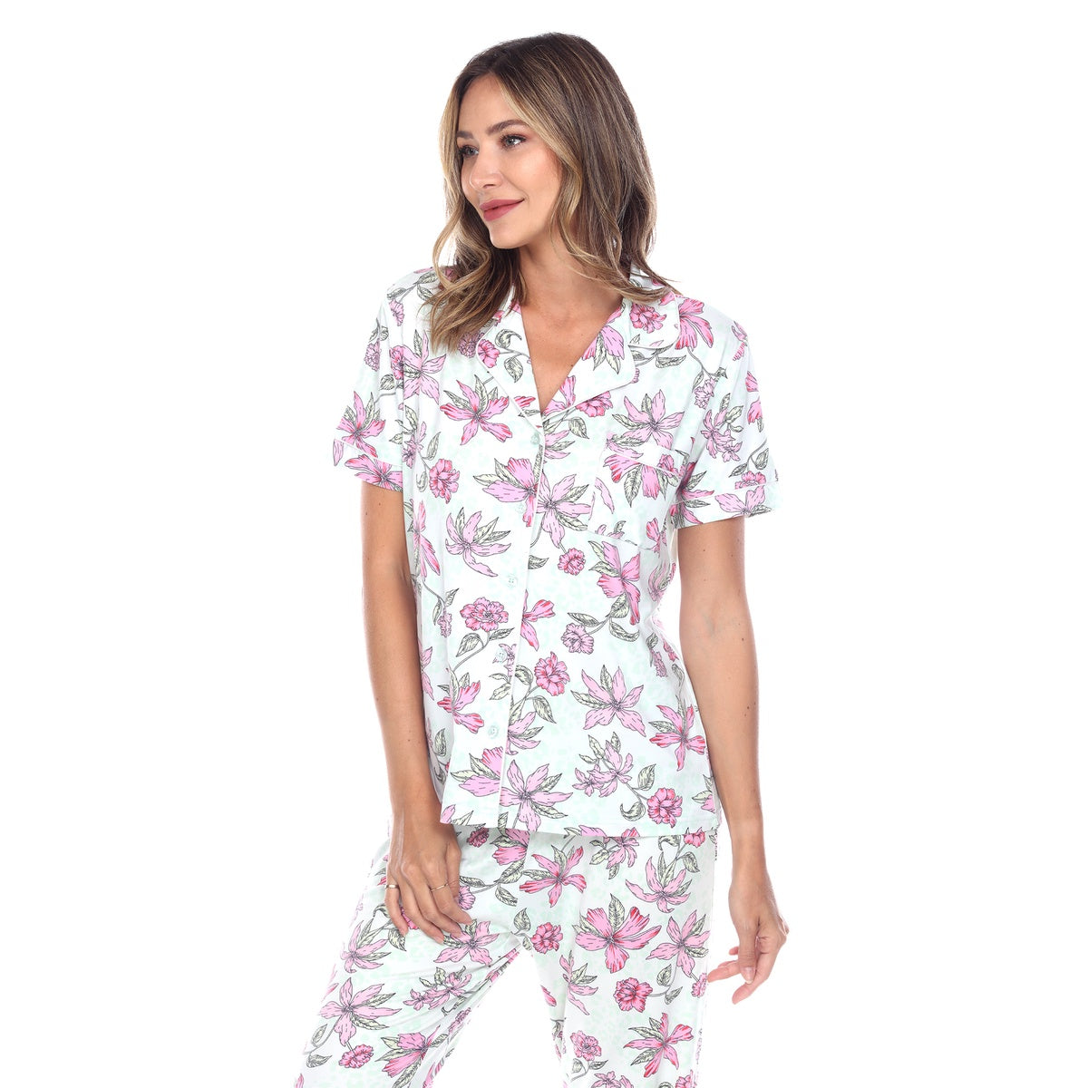  White Mark Women's Short Sleeve & Pants Tropical Pajama Set - L - Bonton