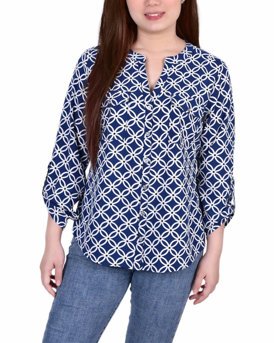  NY Collection Petite 3/4 Sleeve Roll Tab Y Neck Blouse - Black White Abstract - Bonton