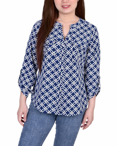 Petite 3/4 Sleeve Roll Tab Y Neck Blouse