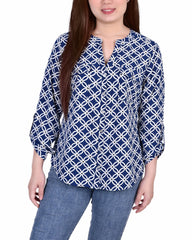 Petite 3/4 Sleeve Roll Tab Y Neck Blouse