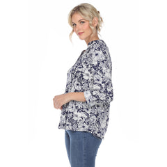 Women's Pleated Long Sleeve Floral Print Blouse