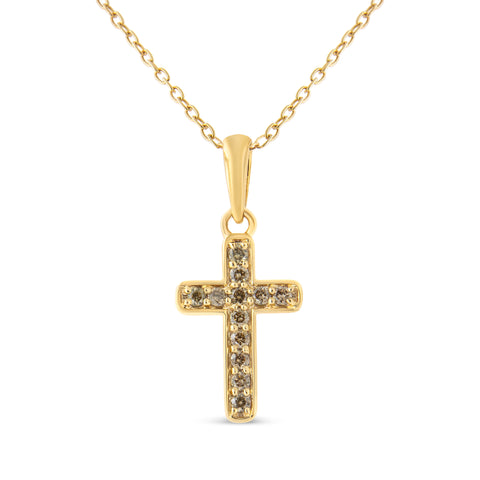 10K Yellow Gold Flashed .925 Sterling Silver 1/4 Cttw Champagne Diamond Cross Pendant Necklace (K-L Color, I1-I2 Clarity) - 18"