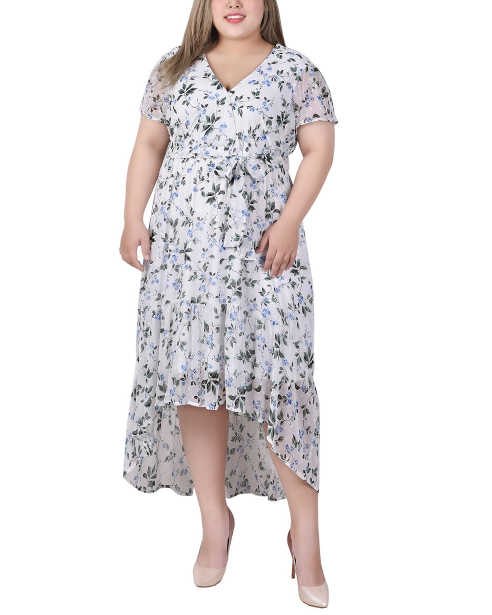  NY Collection Plus Size Short Sleeve Hankerchief Hem Chiffon Dress - Black Mauve Floral - Bonton