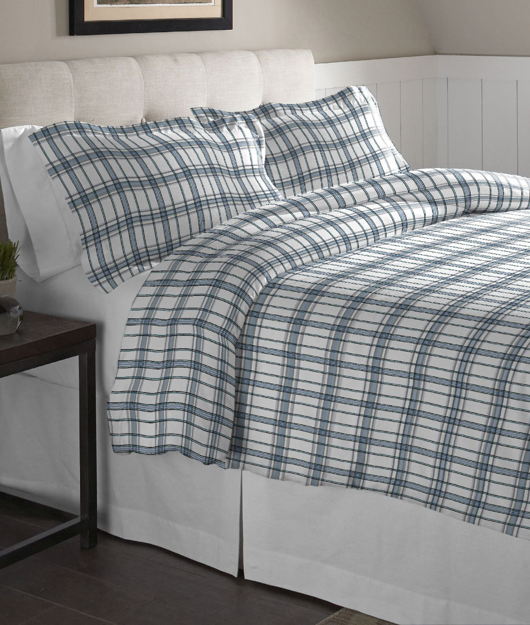  Pointehaven Flannel Print Duvet Set - Blue Plaid - Blue Plaid - Bonton