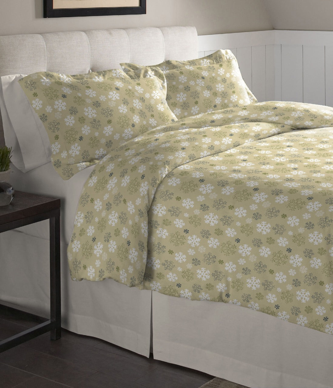  Pointehaven 170 GSM 100% Cotton Fashion Flannel Print Duvet Set - Snowflakes - Oatmeal - Bonton