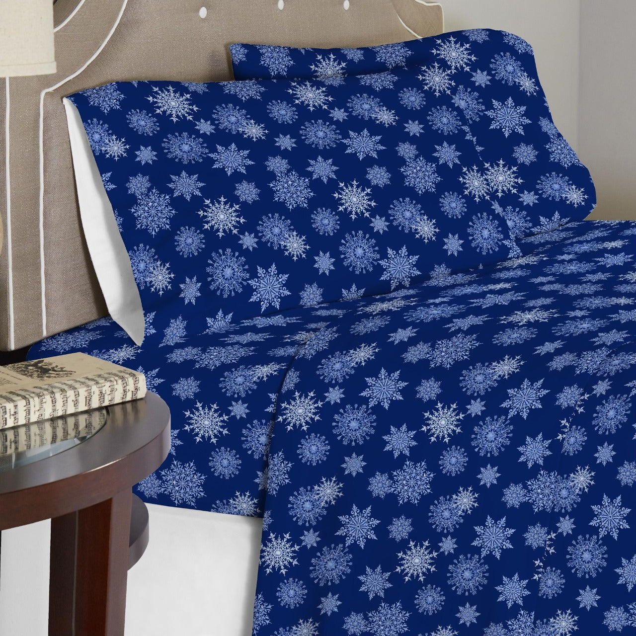  Pointehaven Solid & Print Flannel Sheet Sets - Snowflakes Navy - Snowflakes Navy - Bonton