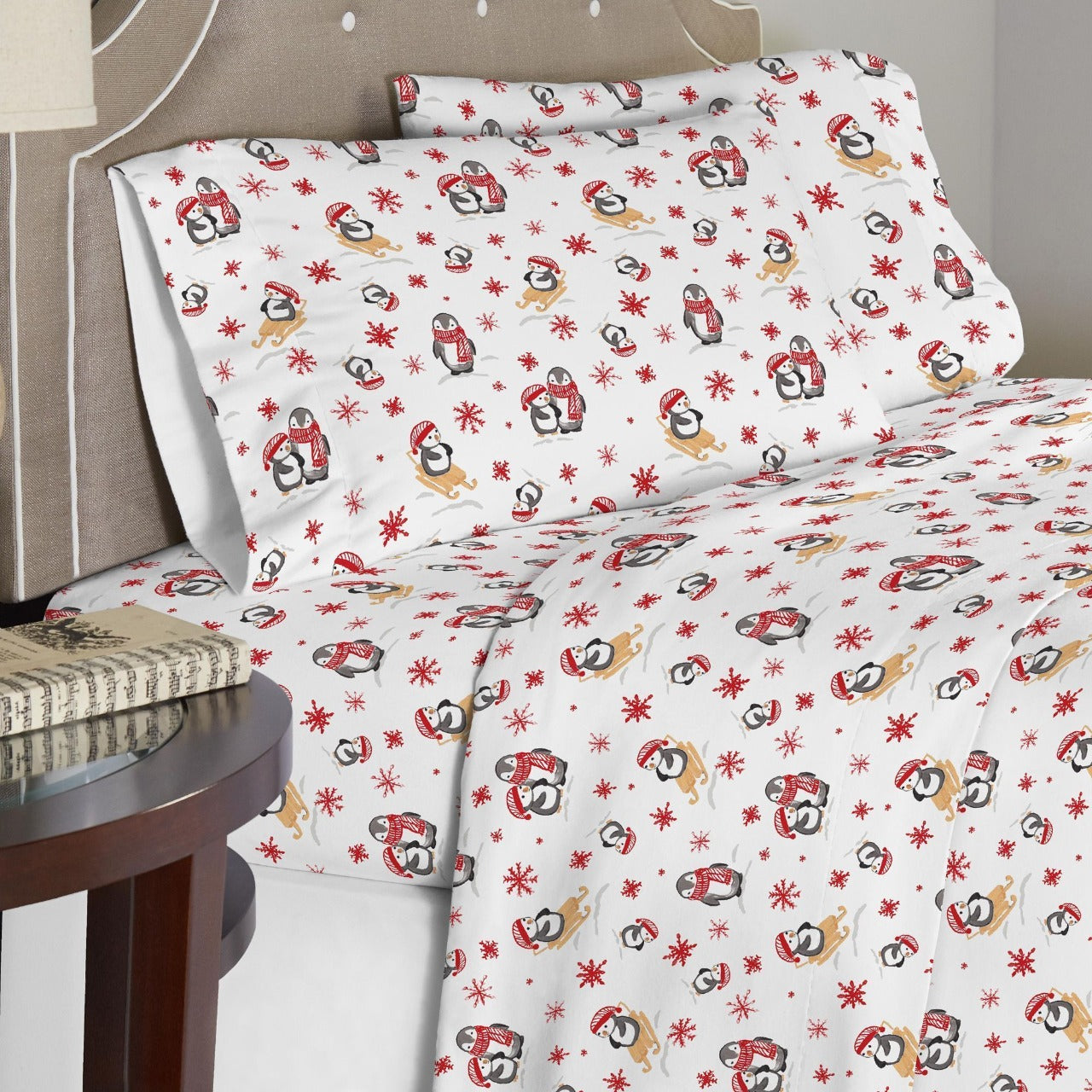  Pointehaven Solid & Print Flannel Sheet Sets - Penguin - Penguin - Bonton