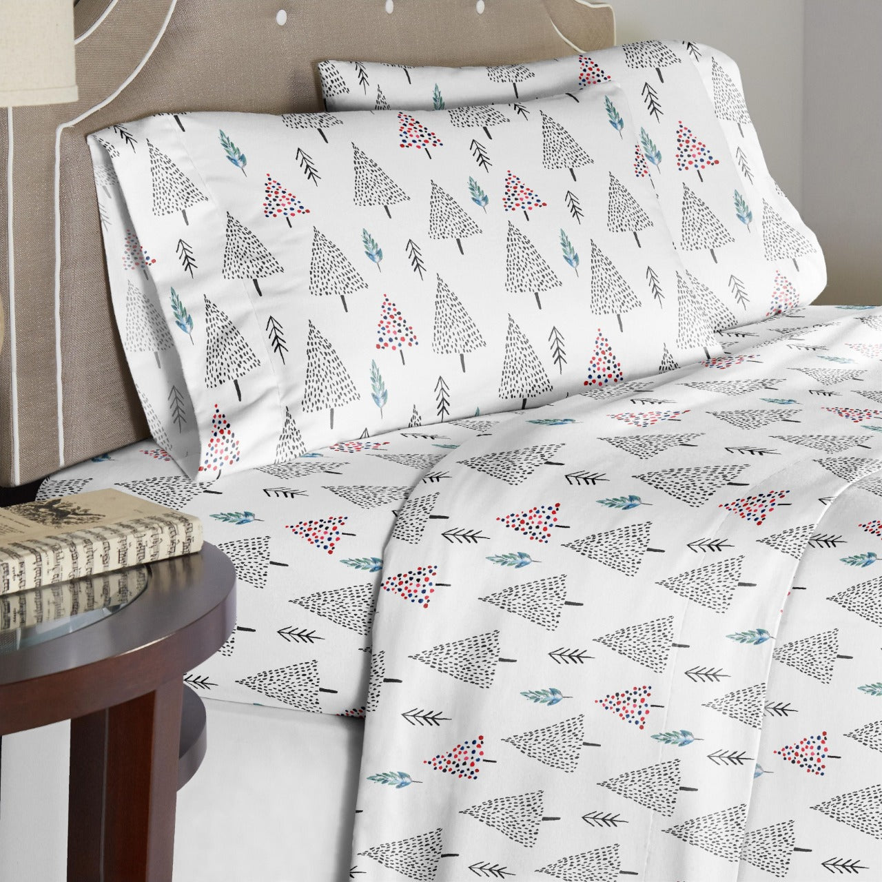  Pointehaven Winter Print Flannel Sheet Sets - Pine Tree - Bonton