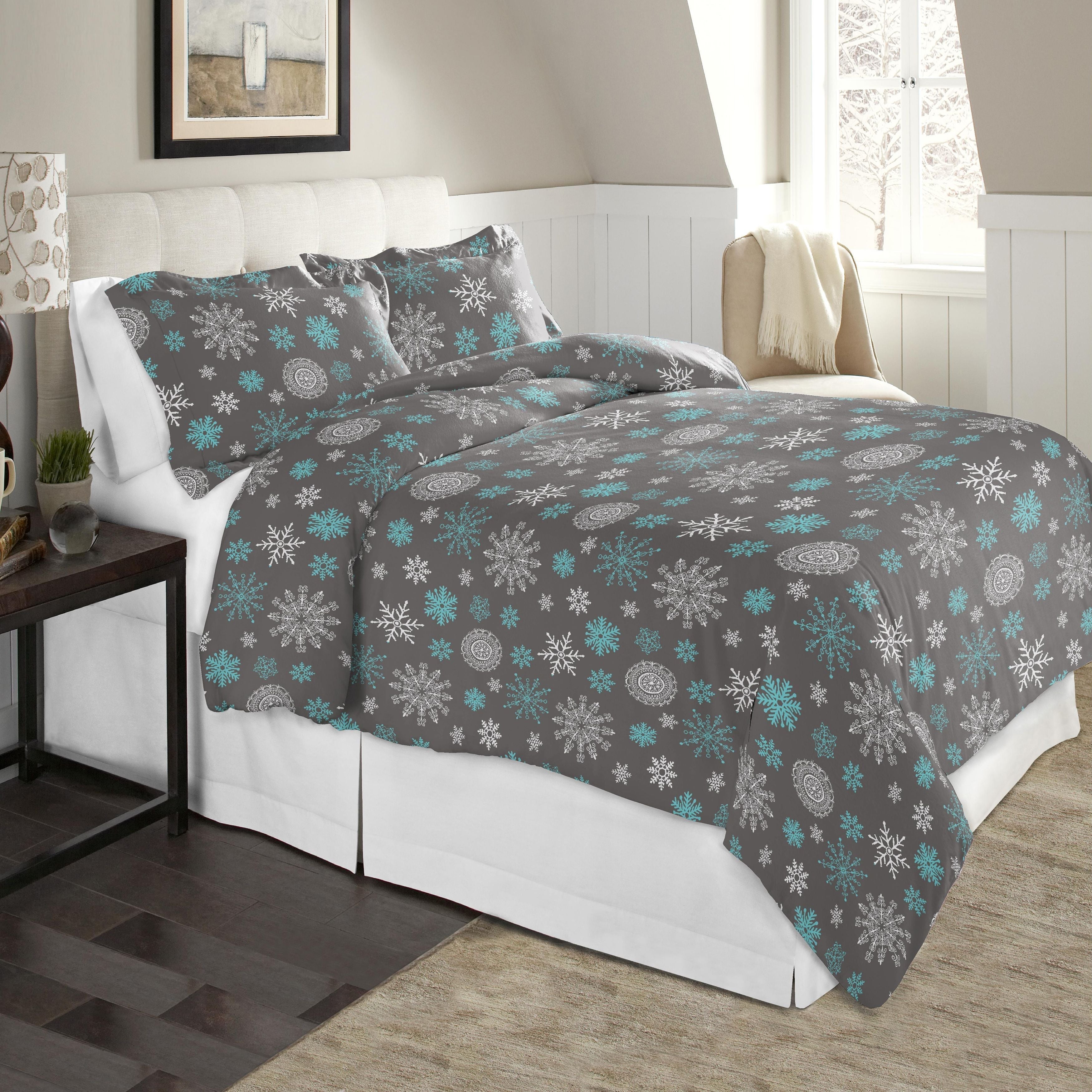  Celeste Home Luxury Flannel Duvet Set - Snowflakes Grey - Snowflakes Grey - Bonton