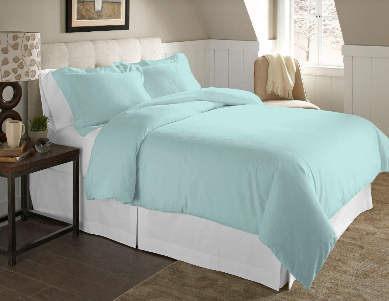  Pointehaven Luxury Flannel Solid & Print Duvet Sets - Lagoon - Lagoon - Bonton