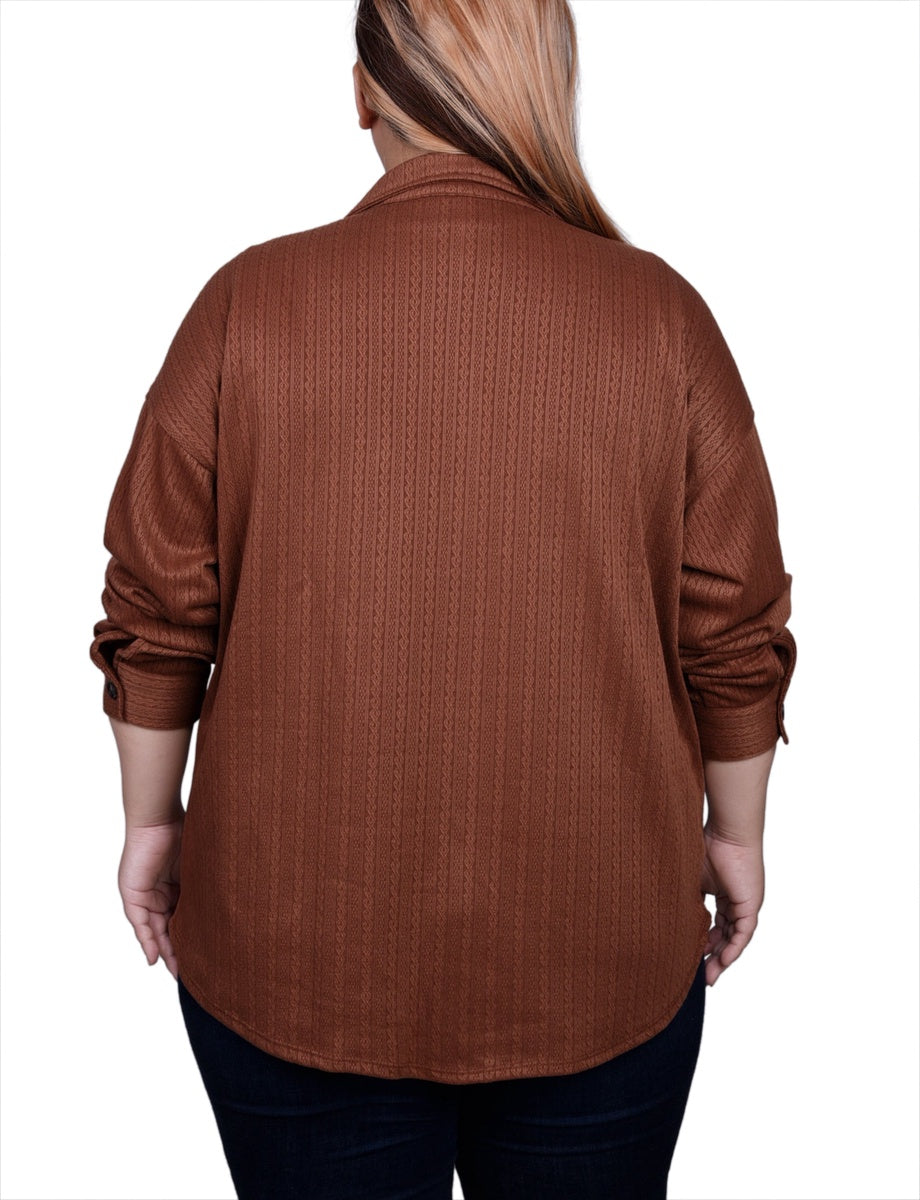  NY Collection Plus Size Long Sleeve Textured Knit Shirtjacket - Camel - Bonton