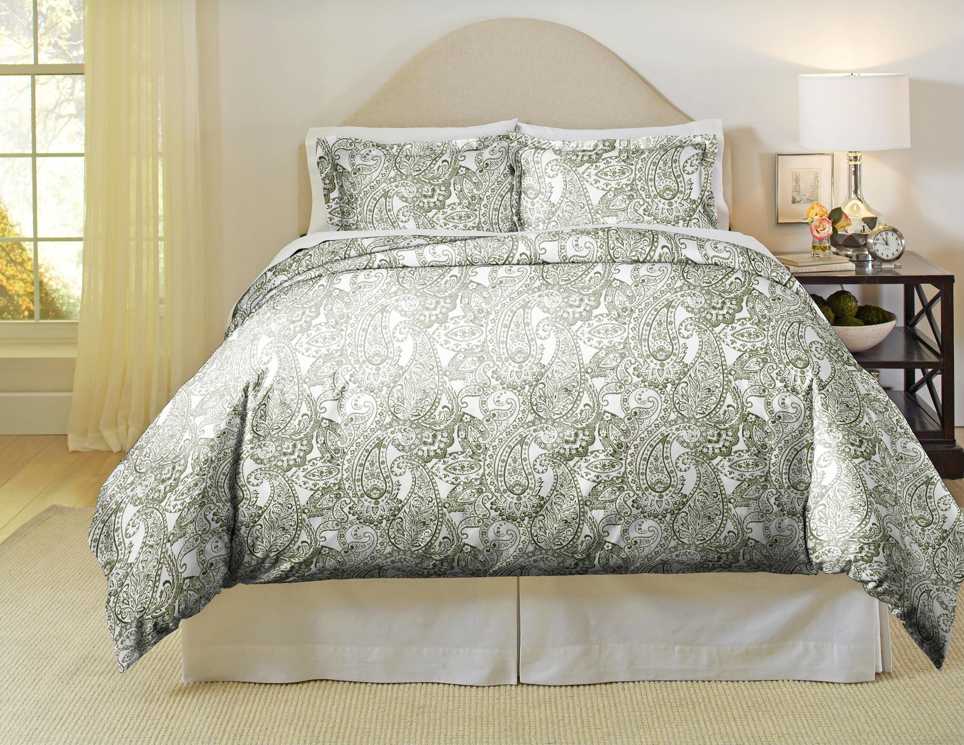  Pointehaven Paisley Combed Cotton Duvet Set - Green - Bonton