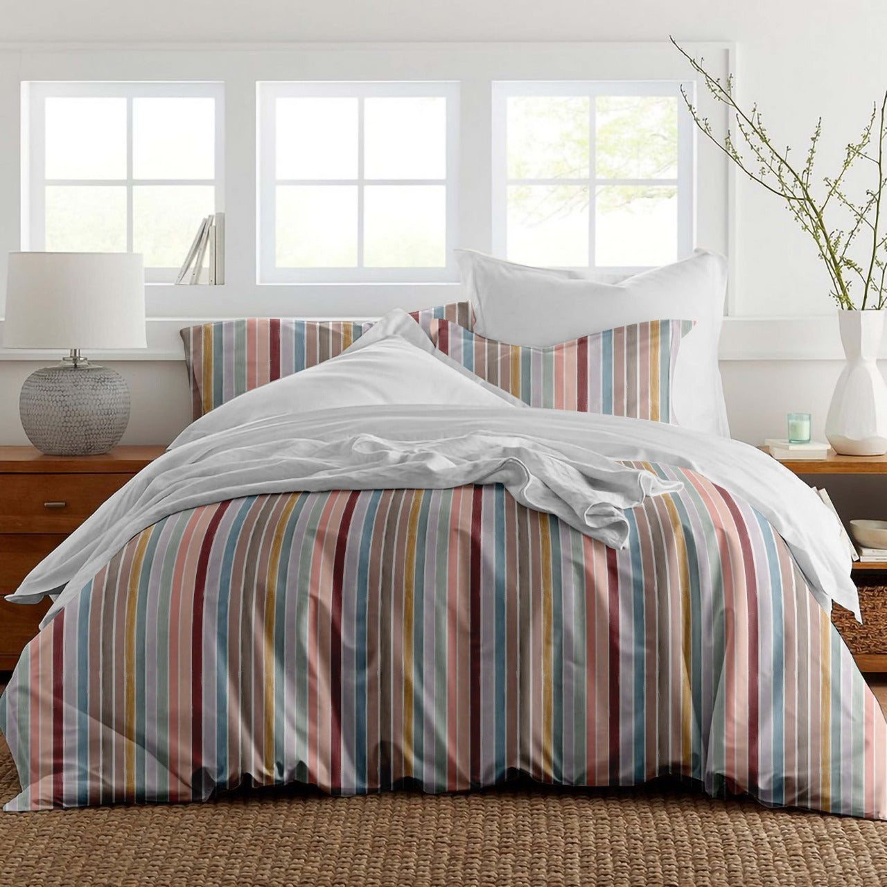  Pointehaven Cotton Duvet Set and Euro Shams - Soft Stripes - Soft Stripes - Bonton