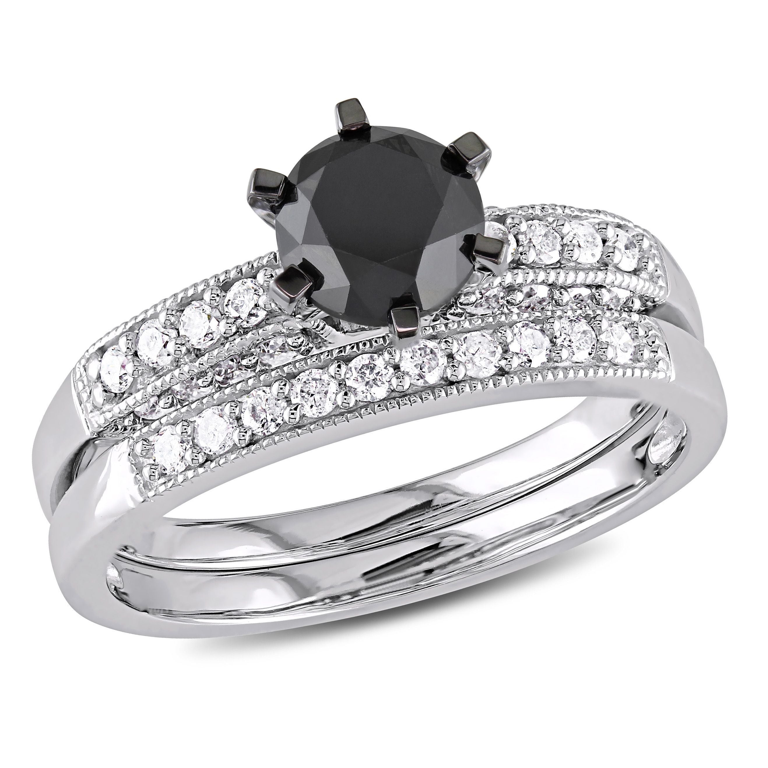  Studio Works 1 1/3 CT TW Black & White Diamond 10k White Gold Bridal Ring Set - Black/White - Bonton