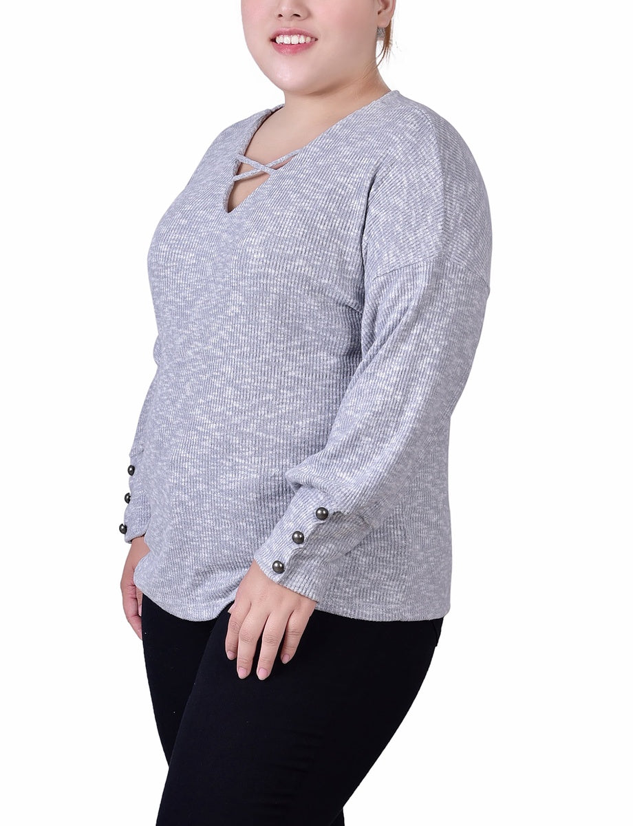  NY Collection Plus Size Long Sleeve Criss Cross Neck Pullover Top - Light Olive - Bonton