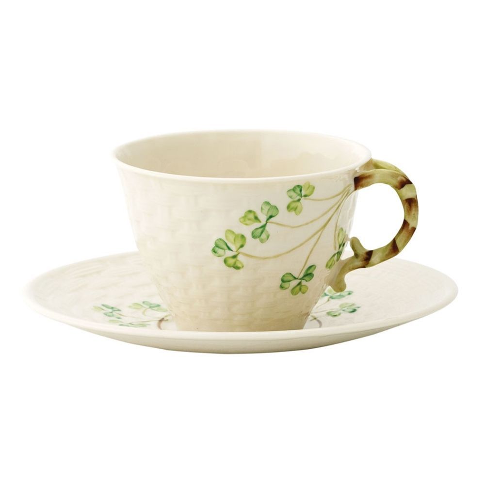  Belleek Pottery Irish Shamrock Cup and Saucer - Ivory/Green - Bonton