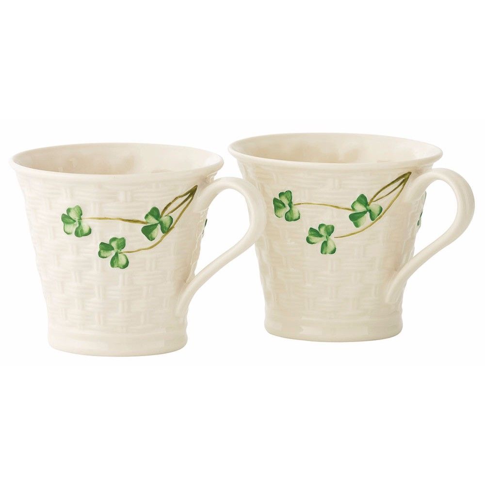  Belleek Pottery Irish Shamrock Basketweave Mugs Set of 2 - Ivory/Green - Bonton