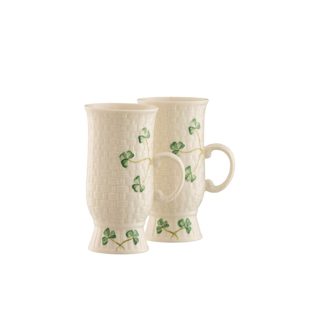  Belleek Pottery Irish Shamrock Coffee Mug Set - Ivory/Green - Bonton