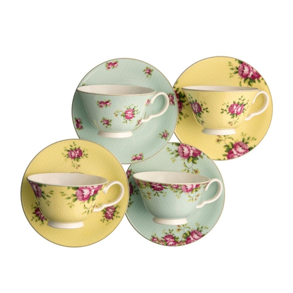  Aynsley China Archive Rose Teacup & Saucers Set of 4 - Multi - Bonton