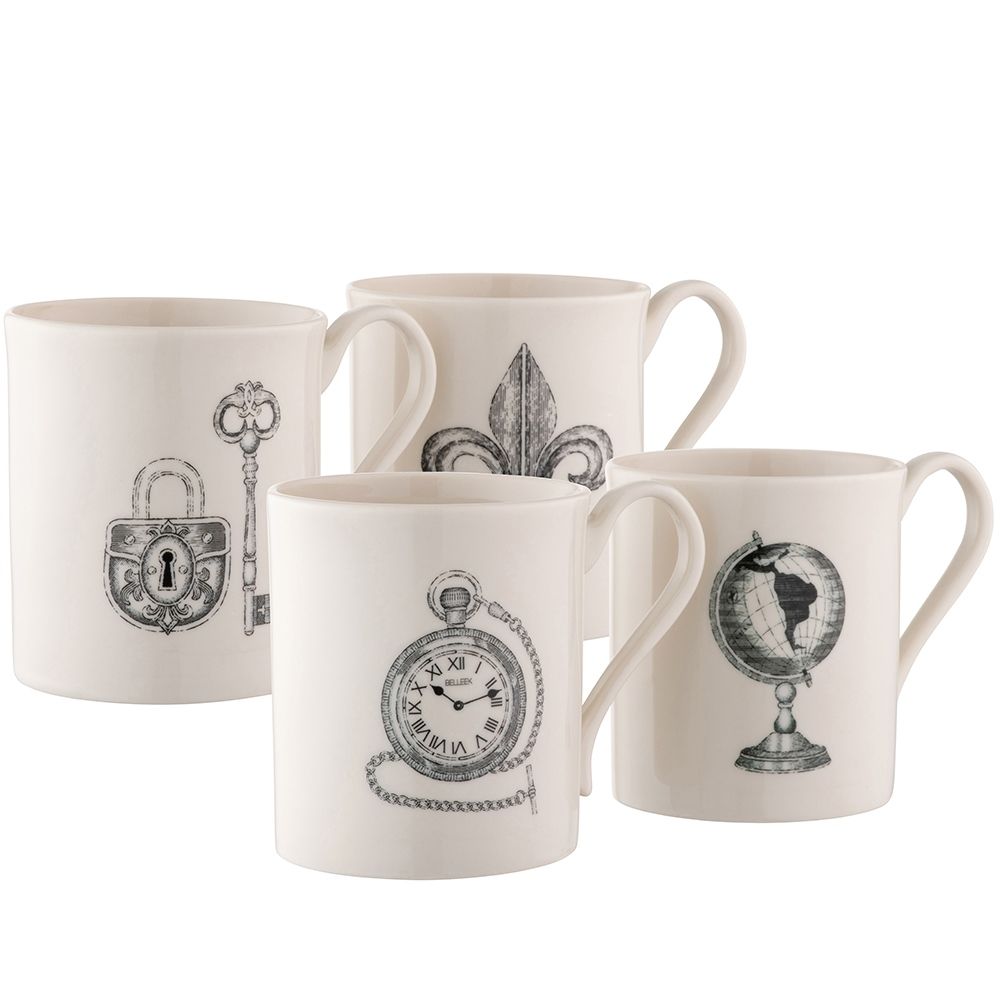  Belleek Pottery Etch Mugs Set of 4 - Ivory/Black - Bonton