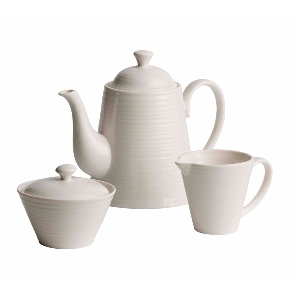  Belleek Living Ripple Teapot with Creamer & Sugar Set - Ivory - Bonton