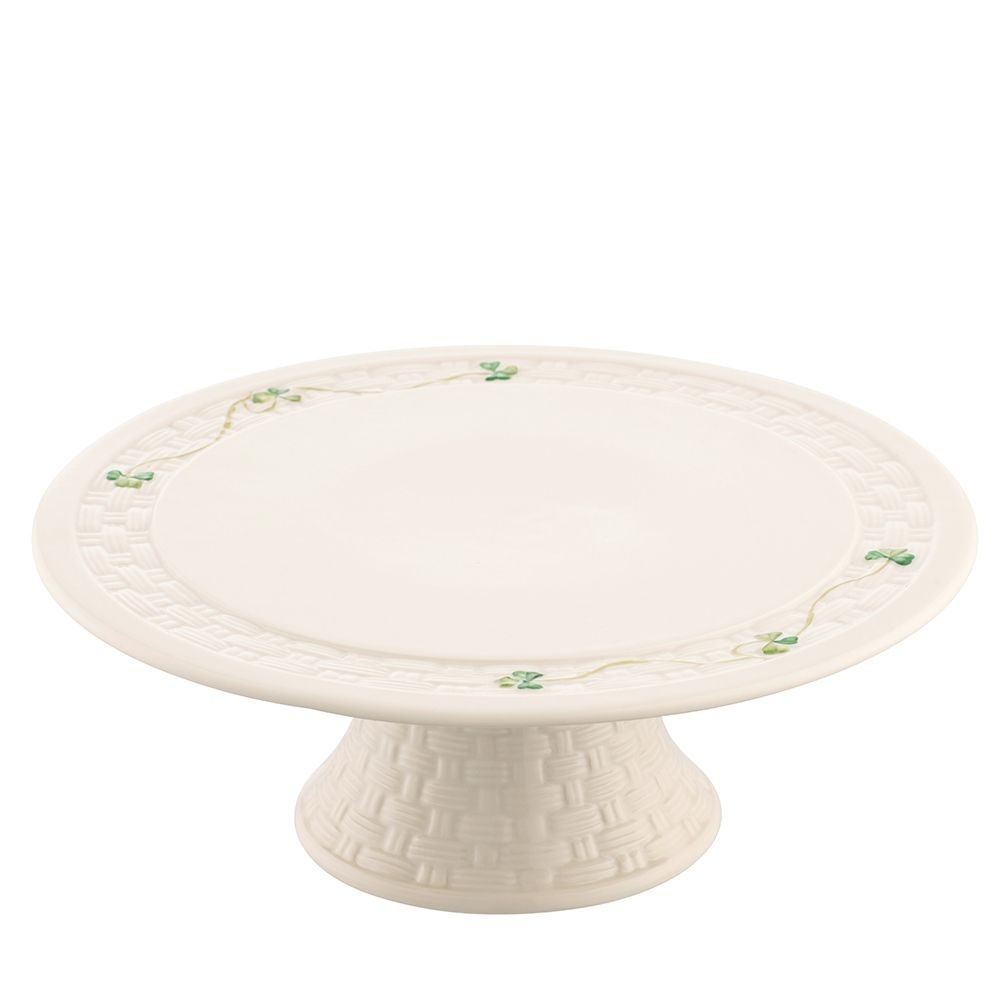  Belleek Pottery Irish Shamrock Cake Stand - Ivory/Green - Bonton