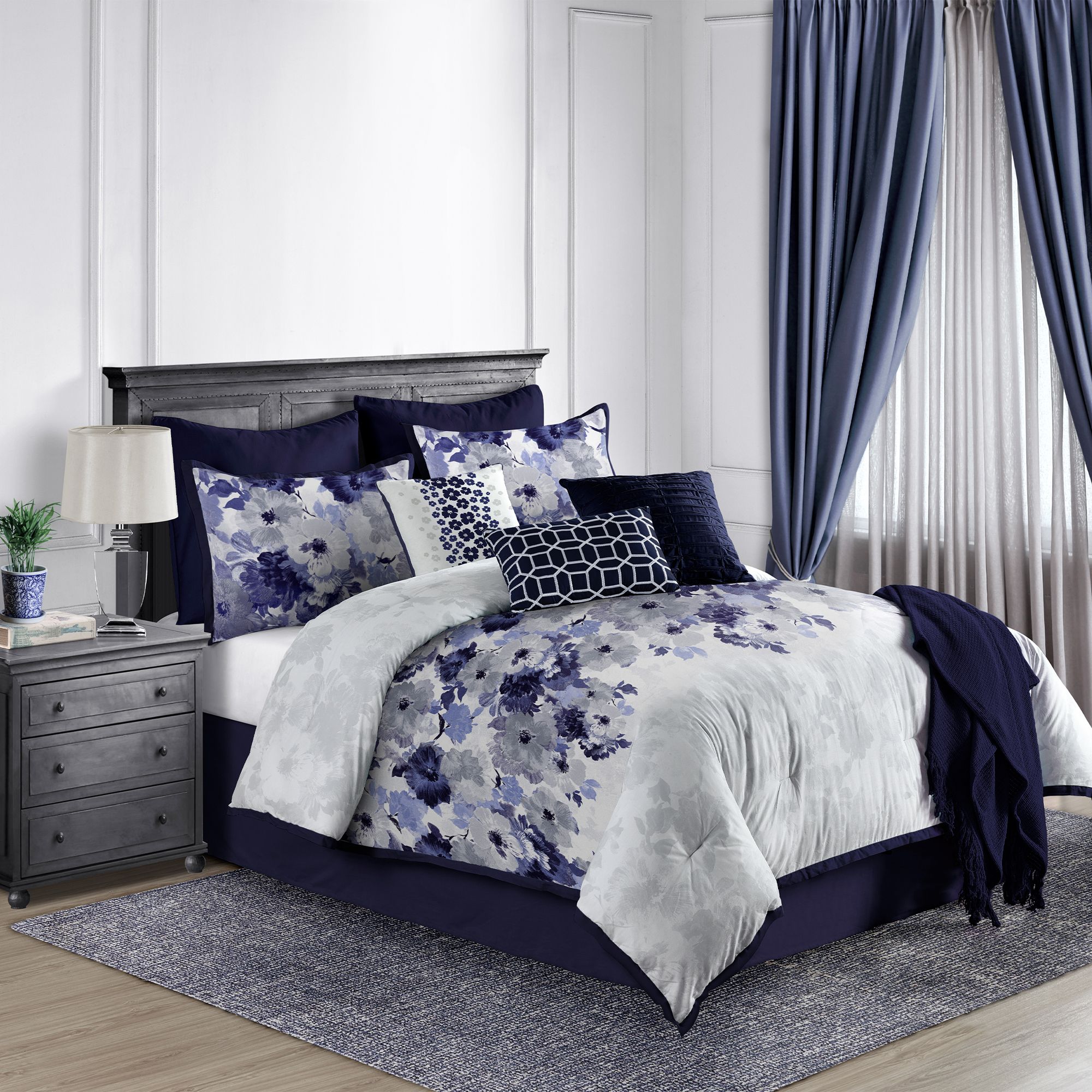  Lanwood Home Claire 10 Piece Comforter Set - Navy Floral - Bonton