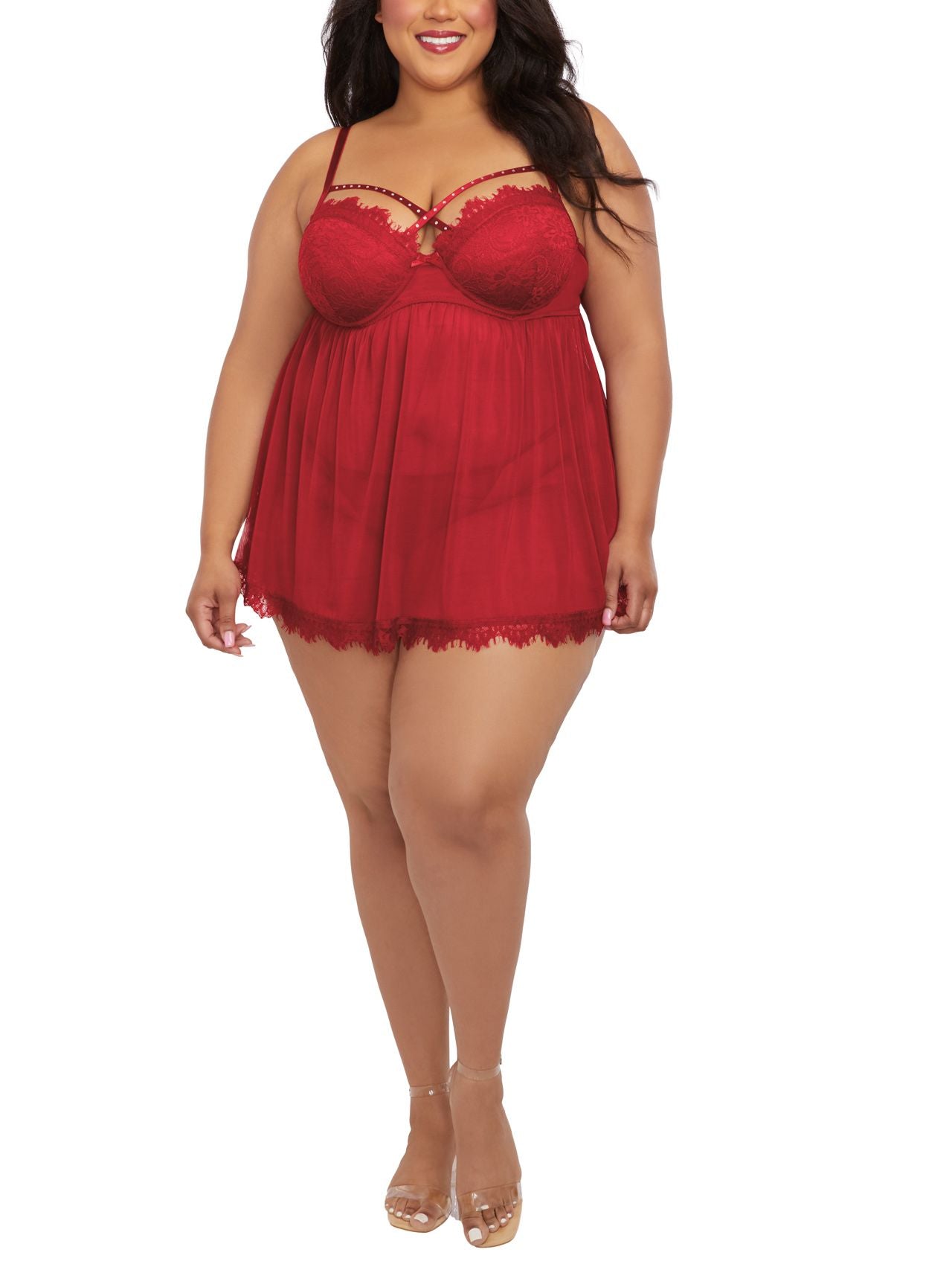  Dreamgirl Plus Size Stretch Mesh Babydoll Set - Garnet - Bonton