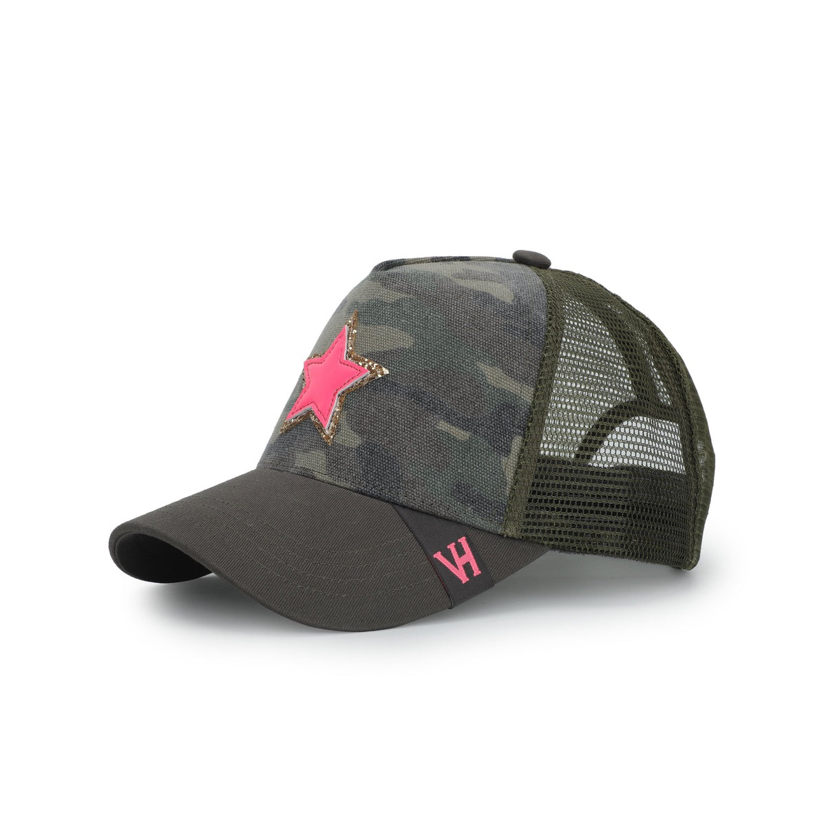  Vintage Havana Vintage Havana Trucker Hat for Women – Camo Canvas & Mesh Adjustable Cap With Neon Pink Star - Default Title - Bonton
