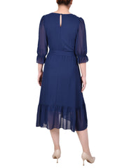 Petite 3/4 Sleeve V-Neck Flounced Dress