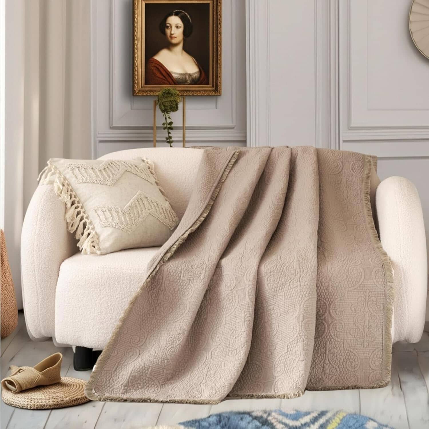  DaDa Bedding Collection DaDa Bedding Elegant Fringed Cotton Quilted Throw Blanket - Luxurious Solid Soft Paisley Pattern, Cozy Lightweight Lap Throw, Perfect for Couch or Bed, Neutral Sandy Taupe Tan Beige, 50x60 Inches by DaDa Bedding Collection - Default Title - Bonton