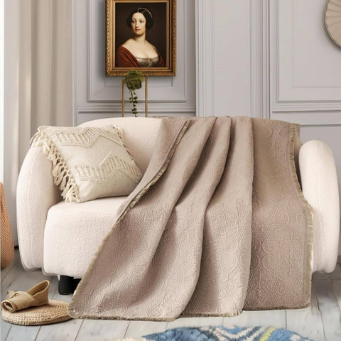 DaDa Bedding Elegant Fringed Cotton Quilted Throw Blanket - Luxurious Solid Soft Paisley Pattern, Cozy Lightweight Lap Throw, Perfect for Couch or Bed, Neutral Sandy Taupe Tan Beige, 50x60 Inches by DaDa Bedding Collection