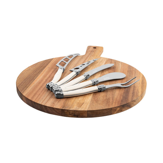 Laguiole 6-Piece Ivory Artisan Cheese Knife Set and Round Wood Board