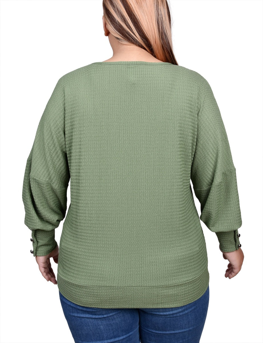  NY Collection Plus Size Long Sleeve Textured Knit Top - Avocado - Bonton