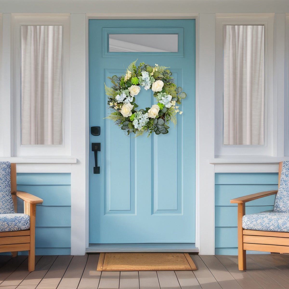  Northlight Hydrangea  Rose and Geranium Artificial Floral Spring Wreath  White and Blue - 24-Inch - Default Title - Bonton
