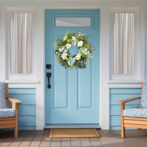 Hydrangea  Rose and Geranium Artificial Floral Spring Wreath  White and Blue - 24-Inch