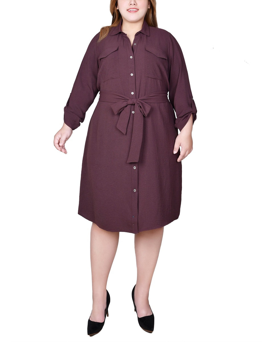  NY Collection Plus Size Long Roll Tab Sleeve Shirtdress - Burnt Olive - Bonton