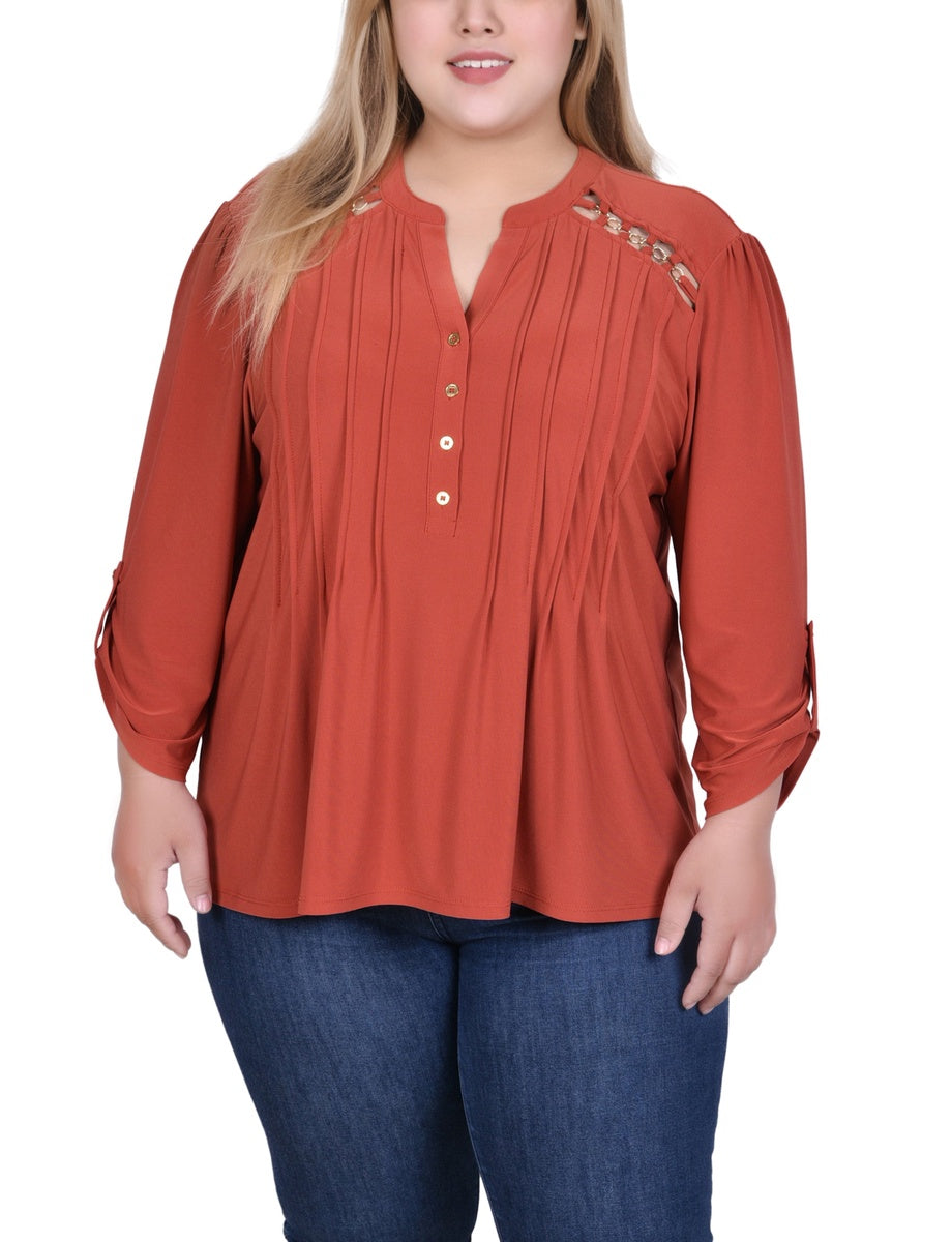  NY Collection Plus Size Long Sleeve Pintuck Front Top With Chain Details - Animal Lilas Dot - Bonton