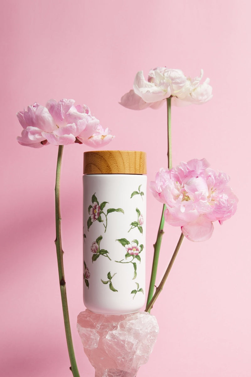  Acera The Flower Fairy Travel Mug - Rose Pink with Floral Decals - Bonton