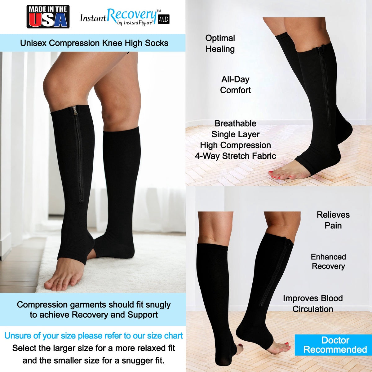  InstantFigure InstantRecoveryMD Unisex Compression Knee High Open Toe Socks MD402 - Black - Bonton