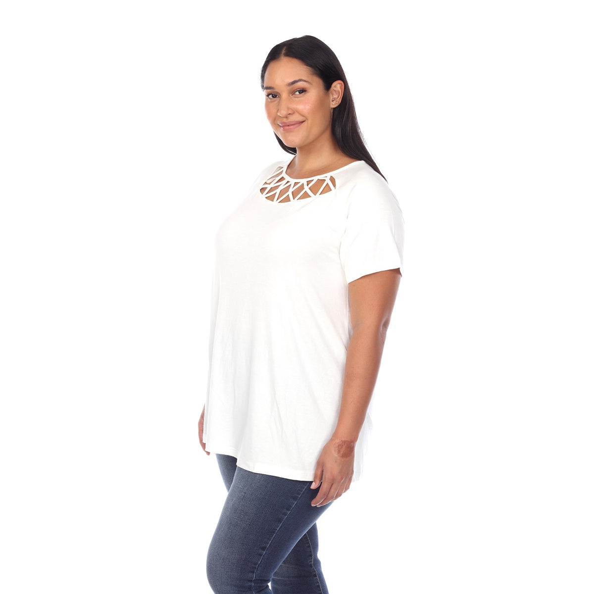  White Mark Plus Size Crisscross Cutout Short Sleeve Top - 1X - Bonton