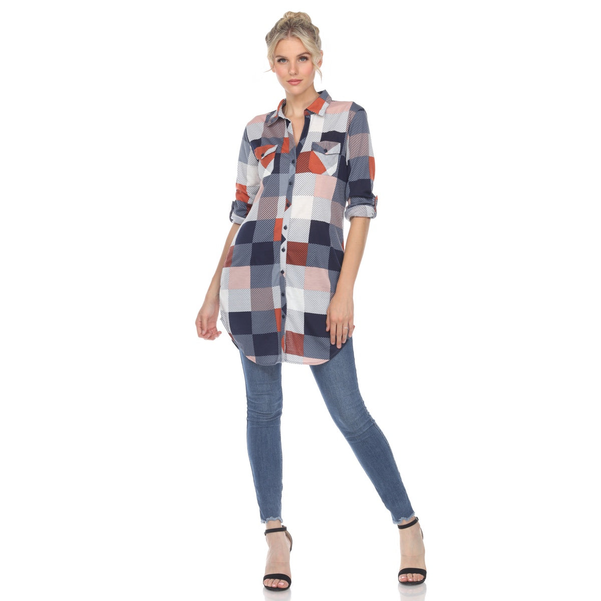  White Mark Women's Plaid Button Down Tunic Top - S - Bonton